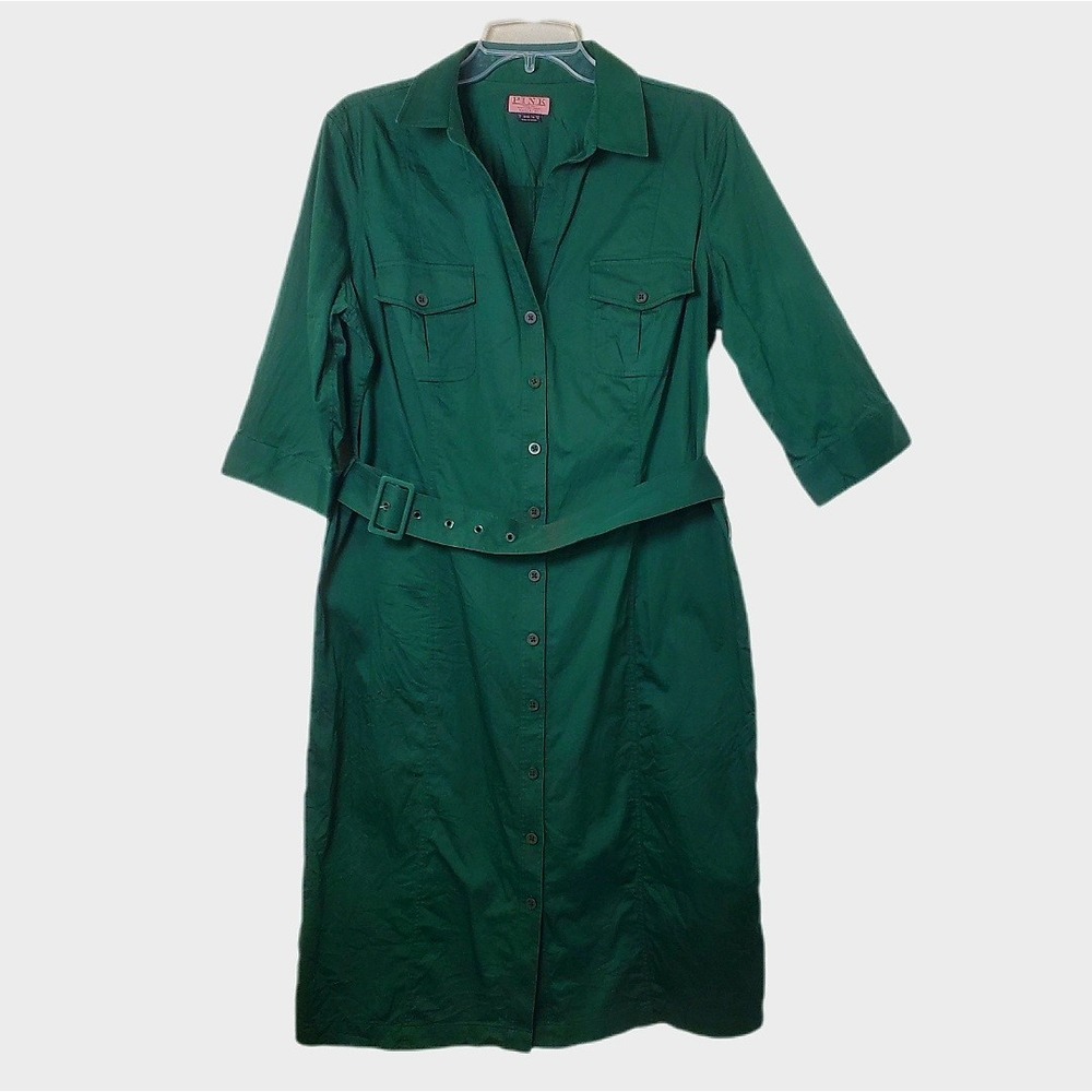 Thomas Pink Green Cotton Shirt Dress with Belt - British Size 16 US 12 Capsule